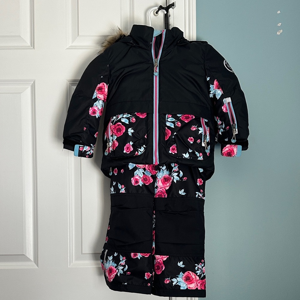 deux par deux Black Snowsuit with Pink Rose Print and Light Blue Accents